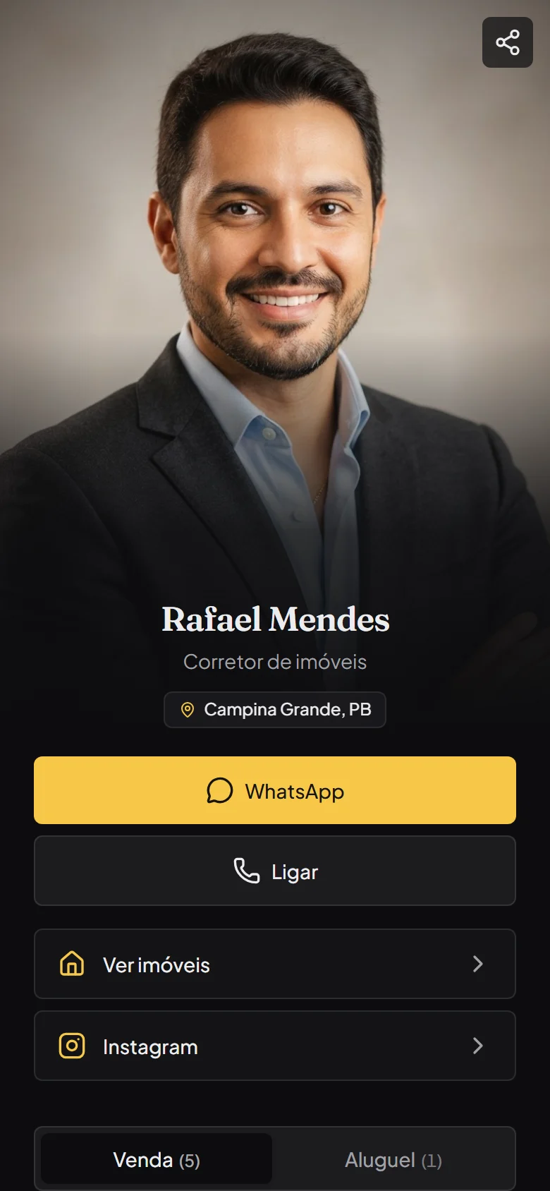 Página de link na bio de um corretor, com foto, botões de WhatsApp e ligação, e atalhos para ver imóveis e Instagram.